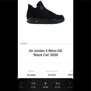 Air Jordan 4 black cat size 5